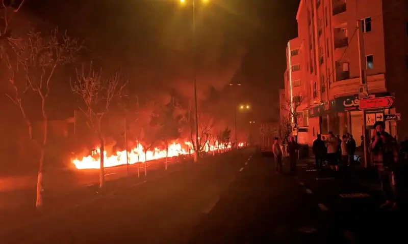 Fire burns along Tehran&rsquo;s Koohsar Boulevard, Iran, in this screengrab from video obtained from social media. &ndash; Reuters