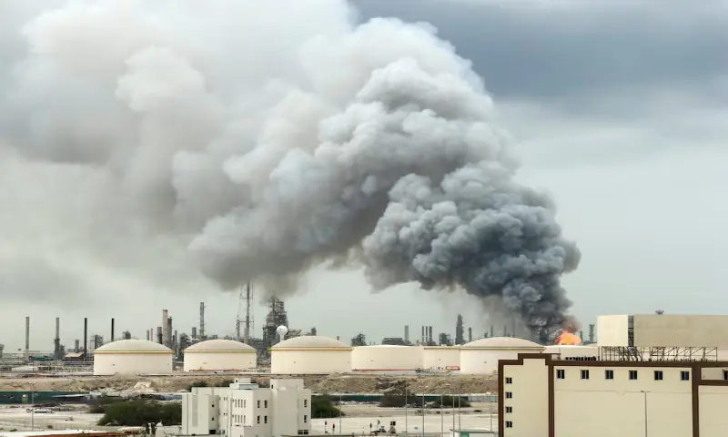 Smoke rises following a strike on the Bapco Oil Refinery, amid the US-Israeli conflict with Iran, on Sitra Island, Bahrain. &ndash; Reuters