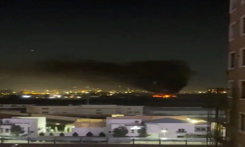 Smoke and flames rise following a drone attack on the UAE consulate in Erbil, Iraq. &ndash; Reuters