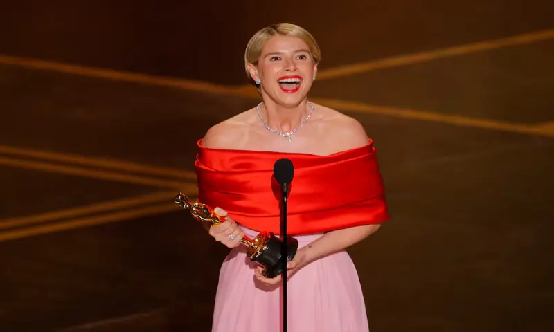 Jessie Buckley after winning the Oscar for Best Actress for &ldquo;Hamnet&rdquo;. &ndash; Reuters