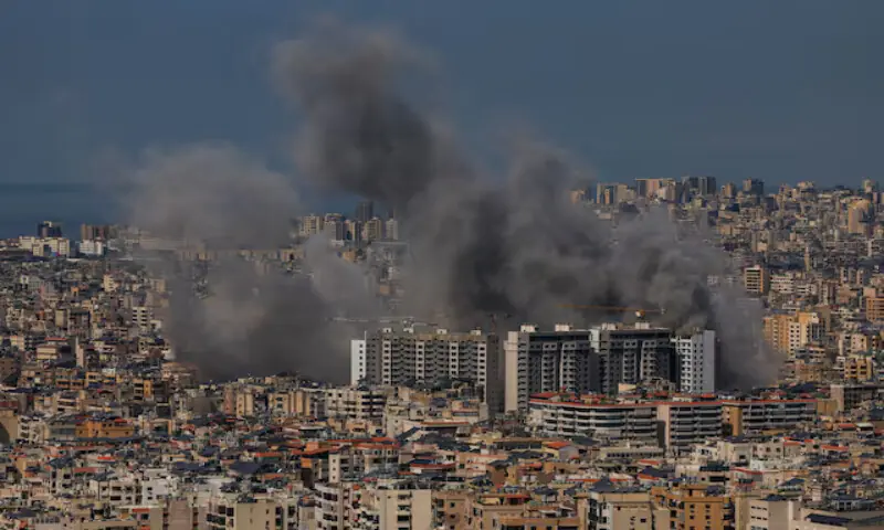Smoke billows after Israeli strikes on Beirut&rsquo;s southern suburbs as seen from Baabda, Lebanon. &ndash; Reuters