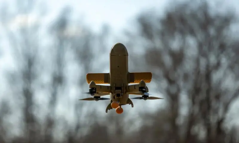 A Sting interceptor drone by the Ukrainian company Wild Hornets flies at an undisclosed location in Ukraine, on March 16, 2026. Reuters file