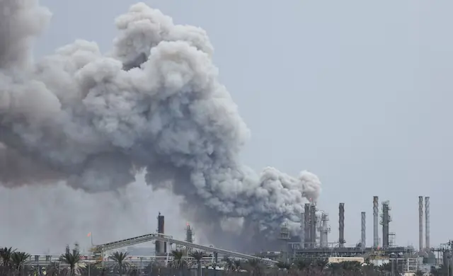 Smoke rises following a strike on the Bapco Oil Refinery, amid the U.S.-Israeli conflict with Iran, on Sitra Island, Bahrain, March 9, 2026. &ndash; Reuters