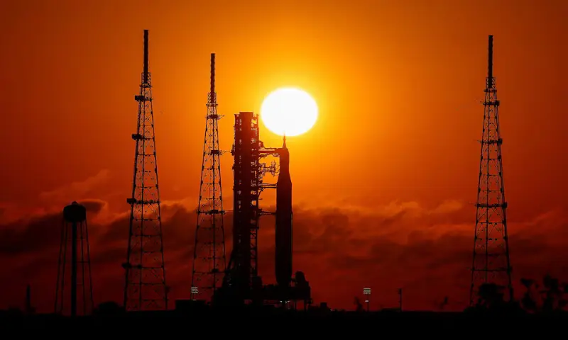 NASA&rsquo;s next-generation moon rocket on launch pad 39B as the sun rises at the Kennedy Space Centre in Cape Canaveral, Florida, on Tuesday. &ndash; Reuters