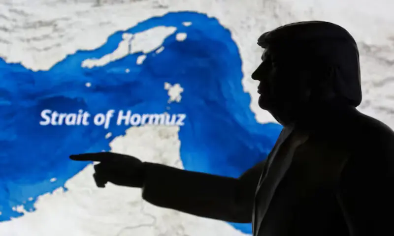 A map showing the Strait of Hormuz and a 3D-printed miniature model depicting US President Donald Trump are seen in this illustration. &ndash; Reuters