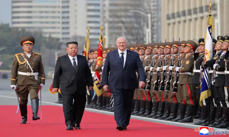 North Korea&rsquo;s Kim Jong Un welcomes Belarus President Alexander Lukashenko in Pyongyang, North Korea, March 25, 2026, in this picture released by North Korea&rsquo;s official Korean Central News Agency. &ndash; Reuters