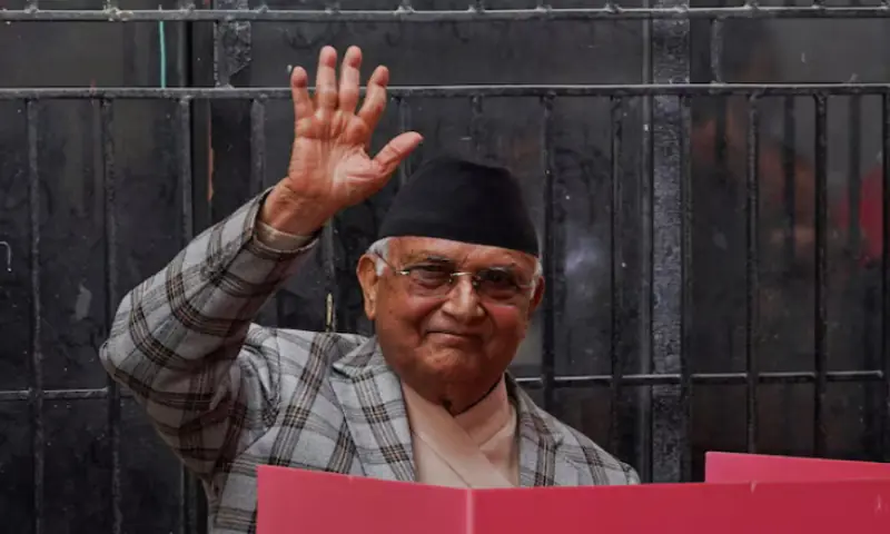 Former Prime Minister of Nepal and Chairman of Communist Party of Nepal (Unified Marxist- Leninist) K.P Sharma Oli, who was forced to resign after the deadly youth-led protests against corruption early September last year, waves ahead of voting during the general election in Bhaktapur, Nepal. &ndash; Reuters