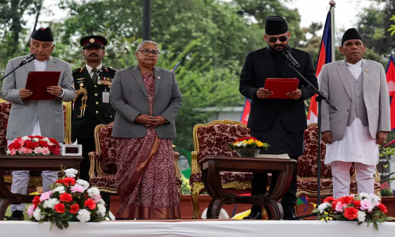 Nepal’s President Ram Chandra Paudel administers the oath of office to newly appointed Prime Minister Balendra Shah at the presidential building in Kathmandu. – Reuters Nepal’s President Ram Chandra Paudel administers the oath of office to newly appointed Prime Minister Balendra Shah at the presidential building in Kathmandu. – Reuters