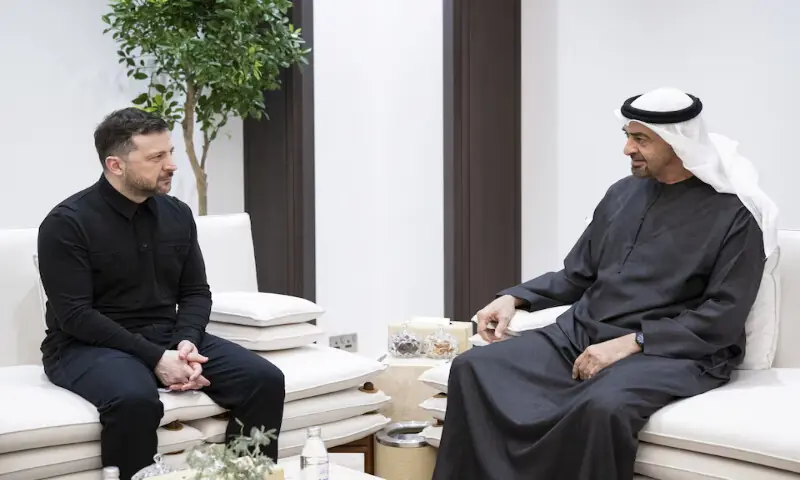 UAE President Sheikh Mohamed bin Zayed Al Nahyan meets with Ukraine’s President Volodymyr Zelensky in the United Arab Emirates in this undated handout picture released on March 28, 2026. Reuters UAE President Sheikh Mohamed bin Zayed Al Nahyan meets with Ukraine’s President Volodymyr Zelensky in the United Arab Emirates in this undated handout picture released on March 28, 2026. Reuters