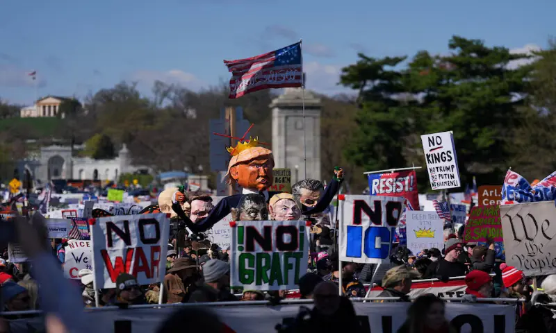 US President Donald Trump&rsquo;s effigy is seen as demonstrators attend a &ldquo;No Kings&rdquo; protest against President Trump&rsquo;s administration policies in Washington, DC. &ndash; Reuters