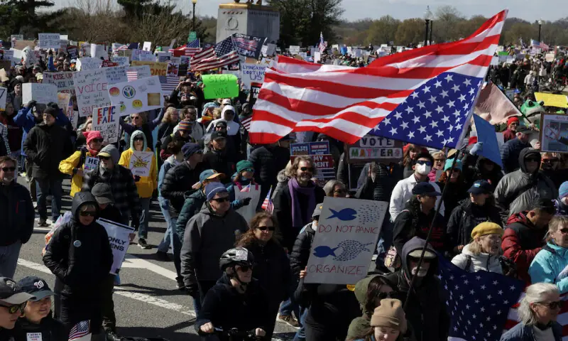 Demonstrators participate in a &ldquo;No Kings&rdquo; protest as part of nationwide demonstrations against US President Donald Trump&rsquo;s administration policies in Washington, DC. &ndash; Reuters