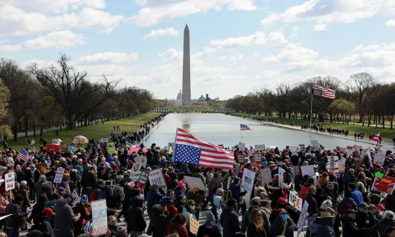Demonstrators participate in a &ldquo;No Kings&rdquo; protest as part of nationwide demonstrations against US President Donald Trump&rsquo;s administration policies in Washington, DC. &ndash; Reuters