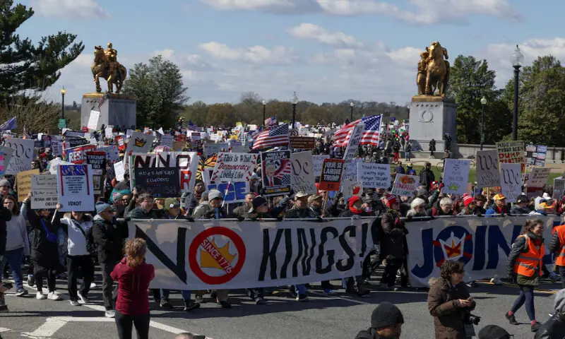 Demonstrators take part in a &ldquo;No Kings&rdquo; protest during nationwide demonstrations against US President Donald Trump&rsquo;s administration policies in Washington, DC. &ndash; Reuters