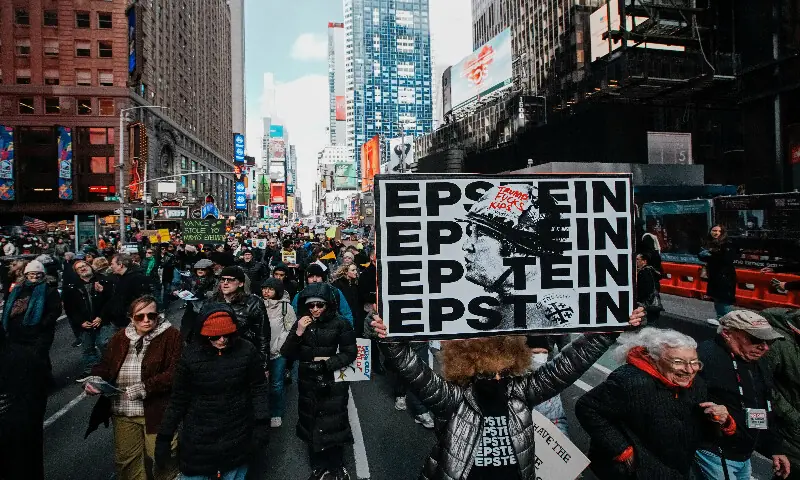 Demonstrators hold signs during a &ldquo;No Kings&rdquo; protest against US President Donald Trump&rsquo;s administration policies in New York City. &ndash; Reuters