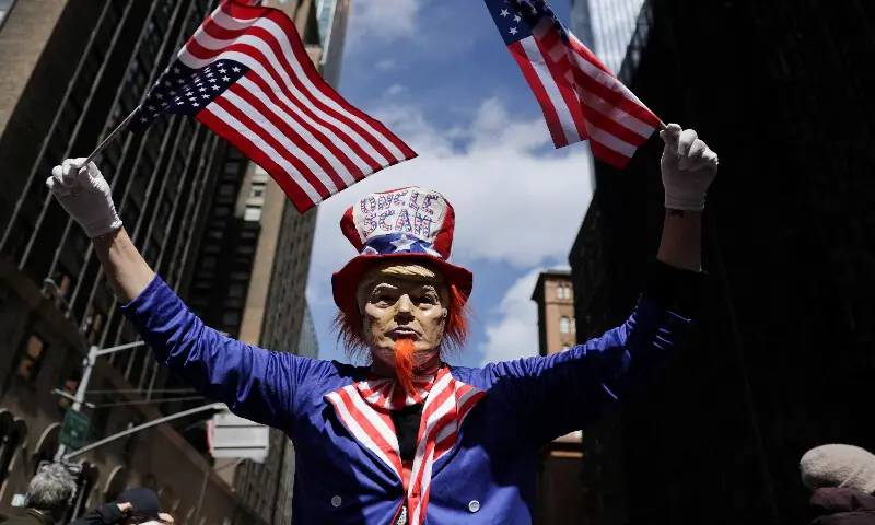 A dressed-up demonstrator, with the words &ldquo;Uncle Scam&rdquo; on their costume, on the day of &ldquo;No Kings&rdquo; protest against US President Donald Trump&rsquo;s policies in New York City. &ndash; Reuters