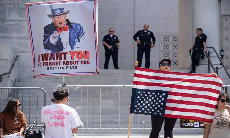 A demonstrator holds an upside down US flag during a &ldquo;No Kings&rdquo; protest against US President Donald Trump&rsquo;s policies, in Los Angeles, California. &ndash; Reuters