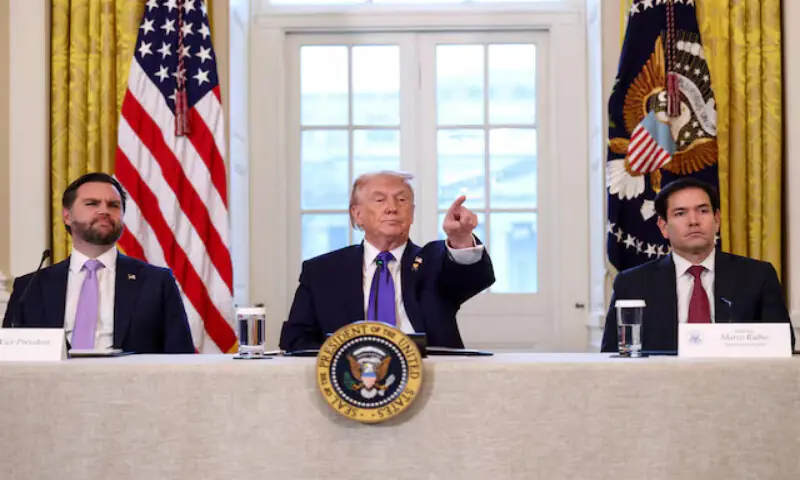US President Donald Trump takes questions from reporters while Vice President JD Vance and Secretary of State Marco Rubio look on at the White House in Washington, DC. &ndash; Reuters