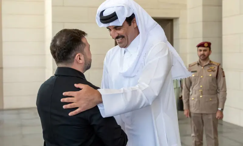 The Emir of Qatar, Sheikh Tamim bin Hamad Al Thani, meets President of Ukraine, Volodymyr Zelensky, in Doha, Qatar. &ndash; Reuters