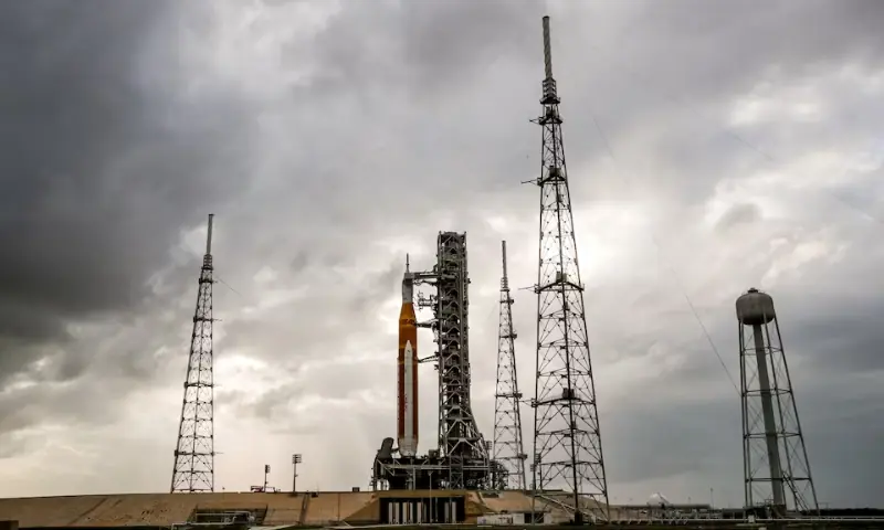 NASA&rsquo;s next-generation moon rocket, the Space Launch System (SLS) rocket with the Orion crew capsule, on Pad 39B ahead of the Artemis II mission launch at the Kennedy Space Centre in Cape Canaveral, Florida, U.S. &ndash; Reuters