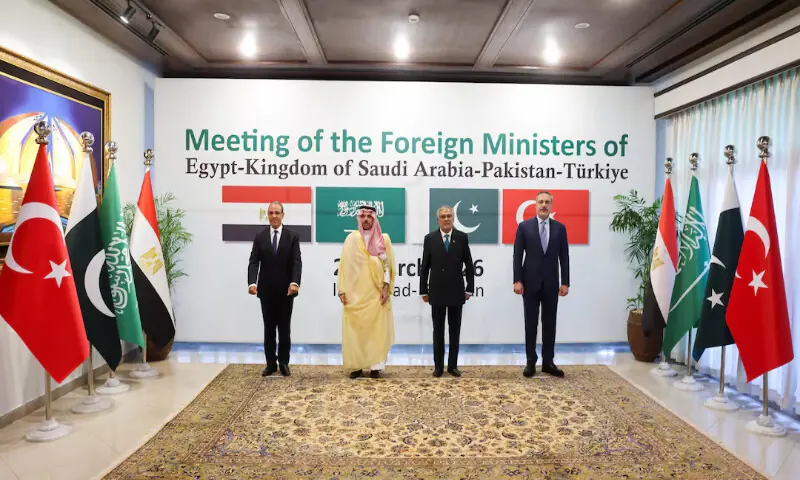 Foreign Ministers Badr Abdelatty of Egypt, Prince Faisal bin Farhan Al Saud of Saudi Arabia, Ishaq Dar of Pakistan and Hakan Fidan of Turkey pose for a group photo in Islamabad. &ndash; Reuters