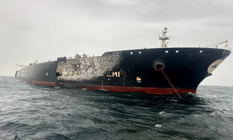 Damage to the Kuwait-flagged Al Salmi crude oil tanker off the UAE coast. &ndash; Reuters