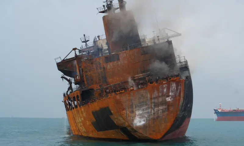 A foreign tanker carrying Iraqi fuel oil damaged after catching fire in Iraq&rsquo;s territorial waters, following unidentified attacks, near Basra, Iraq. &ndash; Reuters
