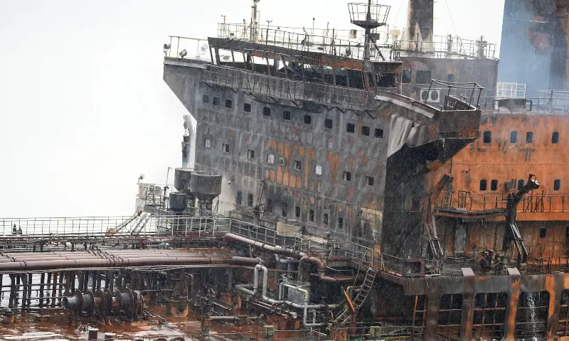 A foreign tanker carrying Iraqi fuel oil damaged after catching fire in Iraq&rsquo;s territorial waters near Basra, Iraq. &ndash; Reuters