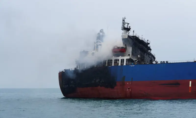 A foreign tanker carrying Iraqi fuel oil damaged after catching fire in Iraq&rsquo;s territorial waters near Basra, Iraq. &ndash; Reuters