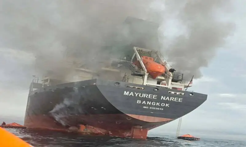 The Thailand-flagged cargo ship Mayuree Naree engulfed in black smoke in the Strait of Hormuz, approximately 11 nautical miles north of Oman. &ndash; Reuters