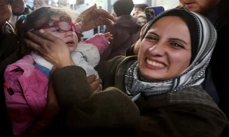 Palestinian mother Sundus Al Kurd embraces her daughter Bissan, who was evacuated as a premature baby from Gaza during the two-year Israeli offensive and has returned after medical treatment in Egypt, at Nasser Hospital in Khan Younis, southern Gaza Strip. &ndash; Reuters