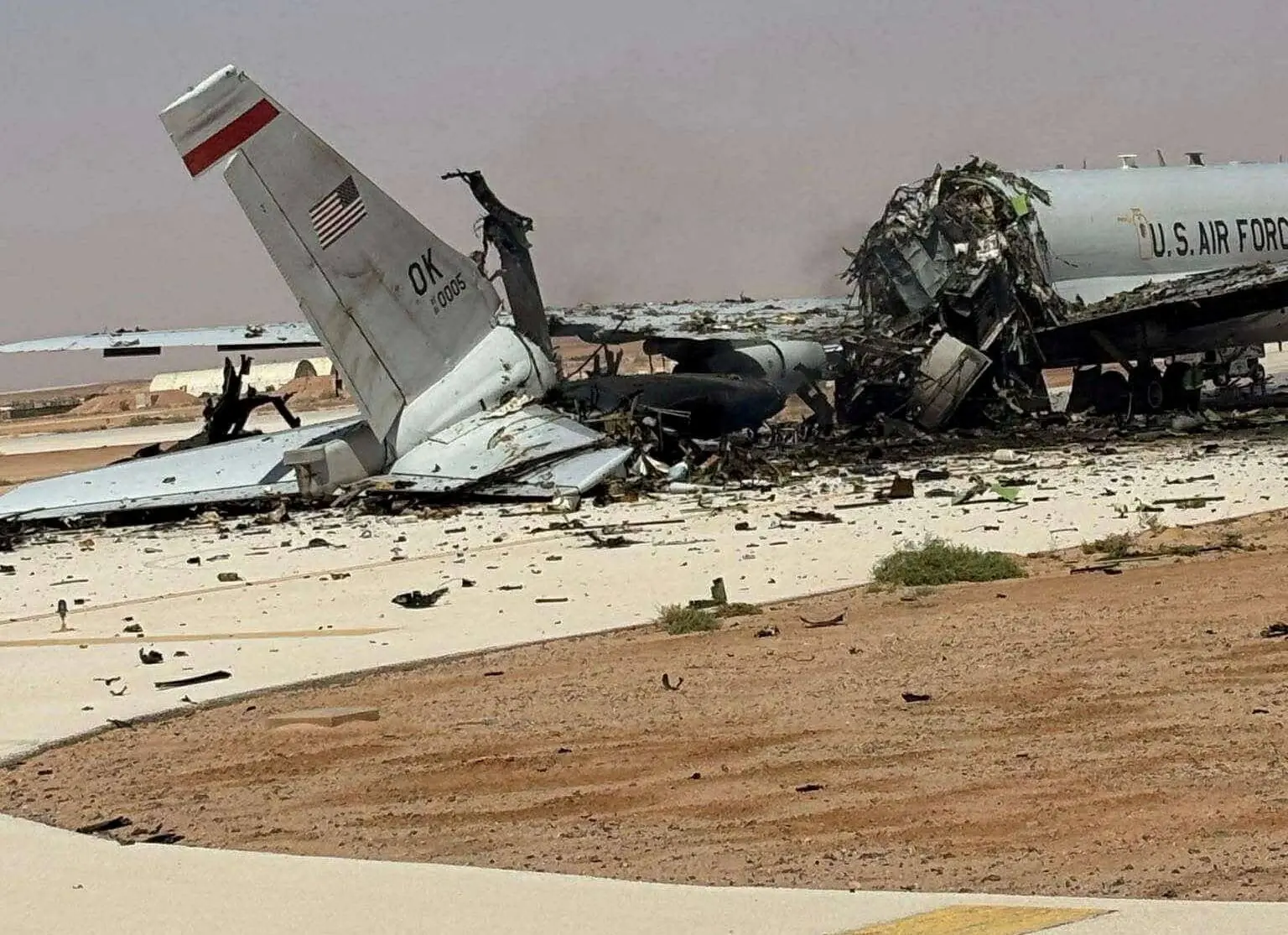 A damaged US Boeing E-3 Sentry airborne warning and control aircraft following an Iranian strike on the airbase, amid the US-Israeli conflict with Iran, at Prince Sultan Air Base in Saudi Arabia. &ndash; Reuters