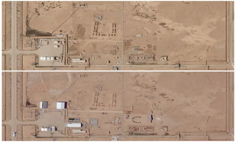 Satellite images taken on January 6, 2025 (top), and March 3, 2026 (bottom) show Al Khadim airbase has undergone extensive renovations. They include the addition of at least three new hangars on the apron (left) where the drones were spotted. &ndash; Reuters