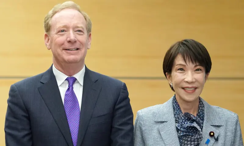 Microsoft&rsquo;s Vice Chair and President, Brad Smith and Japan&rsquo;s Prime Minister Sanae Takaichi. &ndash; Reuters