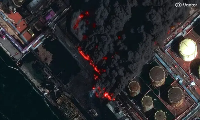 A satellite near-infrared image shows smoke rising from Russia&rsquo;s Baltic port of Ust-Luga after a Ukrainian attack in Ust-Luga, Leningrad Oblast. &ndash; Reuters