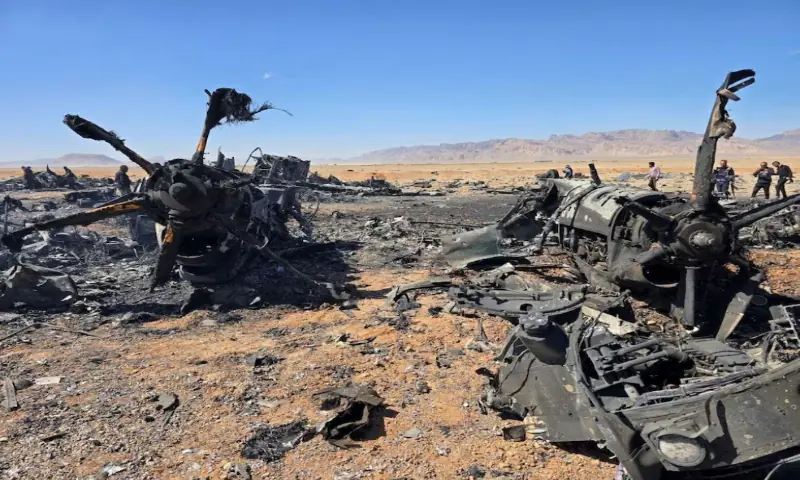 An image released on April 5, 2026, and obtained from social media appears to show wreckage of an American aircraft and a helicopter rotor in Isfahan, Iran, which forensic imagery analyst William Goodhind said is consistent with a US MC‑130J or HC‑130J, amid the US-Israeli conflict with Iran. &ndash; Reuters