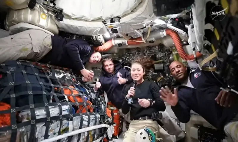NASA Artemis II crew members Jeremy Hansen, Reid Wiseman, Christina Koch, and Victor Glover answer questions from reporters during the first downlink event of their mission. &ndash; Reuters