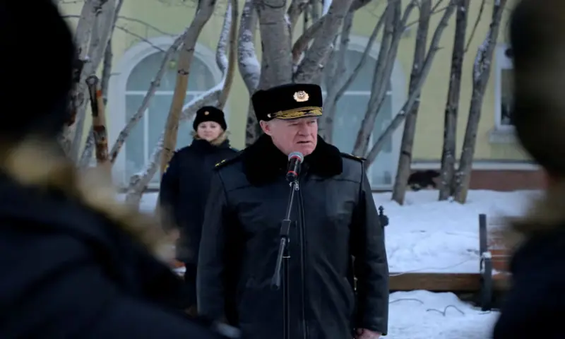 Lieutenant General Alexander Otroshchenko, commander of the 45th Army of the Russian Northern Fleet&rsquo;s Air Force and Air Defence, speaks during a commemorative gathering in memory of naval aviator and Hero of Russia Timur Apakidze in Severomorsk in the Murmansk Region, Russia. &ndash; Reuters