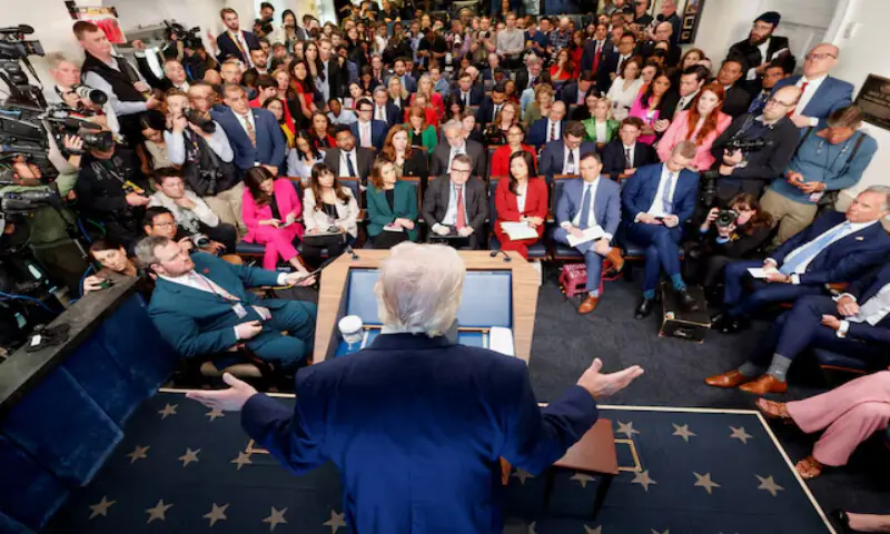 US President Donald Trump gestures as he answers questions from the media during a press conference at the White House in Washington, DC. &ndash; Reuters