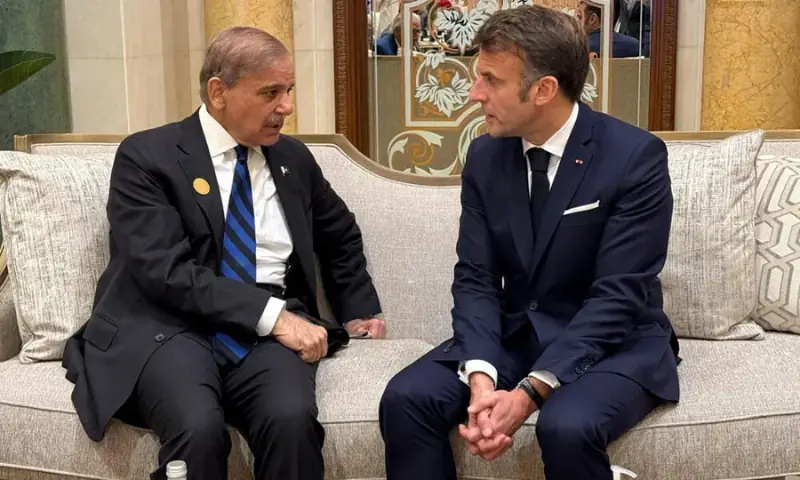 Prime Minister Shehbaz Sharif and French President Emmanuel Macron.