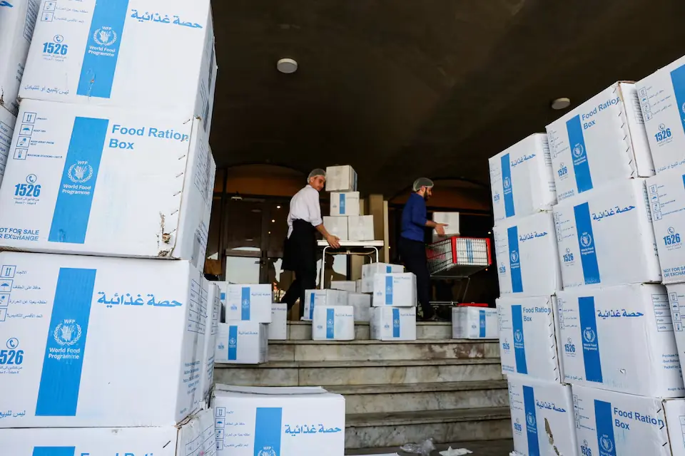 World Food Programme (WFP) boxes of aid supplies in a school-turned-shelter in Beirut, following an escalation between Hezbollah and Israel amid the U.S.-Israeli conflict with Iran, Lebanon. &ndash; Reuters