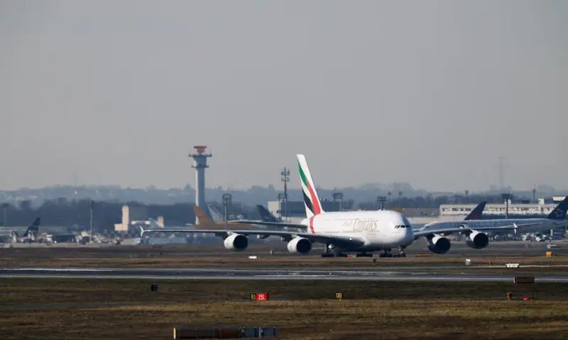 An Emirates plane with German tourists evacuated from the Middle East arrives from Dubai, amid the US-Israeli conflict with Iran, at the airport in Frankfurt, Germany, March 3, 2026. Reuters file