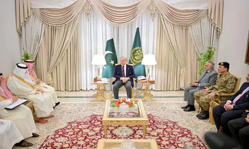 Prime Minister Shehbaz Sharif along with Chief of Army Staff (COAS) Field Marshal Asim Munir during the meeting with Saudi Arabia Finance Minister Mohammed Al-Jadaan  in Islamabad. &ndash; Reuters