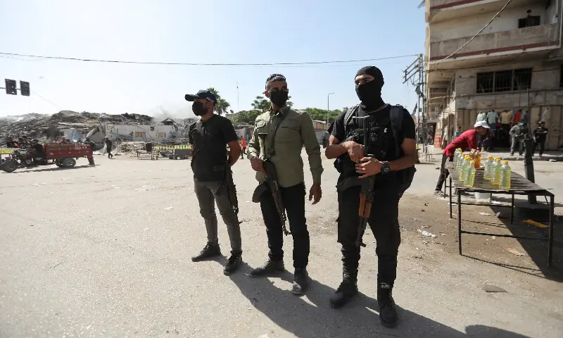 Hamas police officers stand guard, amid a ceasefire between Israel and Hamas, in Gaza City. &ndash; Reuters