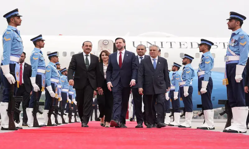 US Vice President JD Vance, walks with Chief of Defence Forces and Chief of Army Staff Field Marshal Asim Munir, Deputy Prime Minister and Foreign Minister Ishaq Dar, Charge d&rsquo;Affaires of the US Embassy in Islamabad Natalie A. Baker, and Interior Minister Mohsin Raza Naqvi, after arriving for talks with Iranian officials in Islamabad on Saturday. &ndash; Reuters