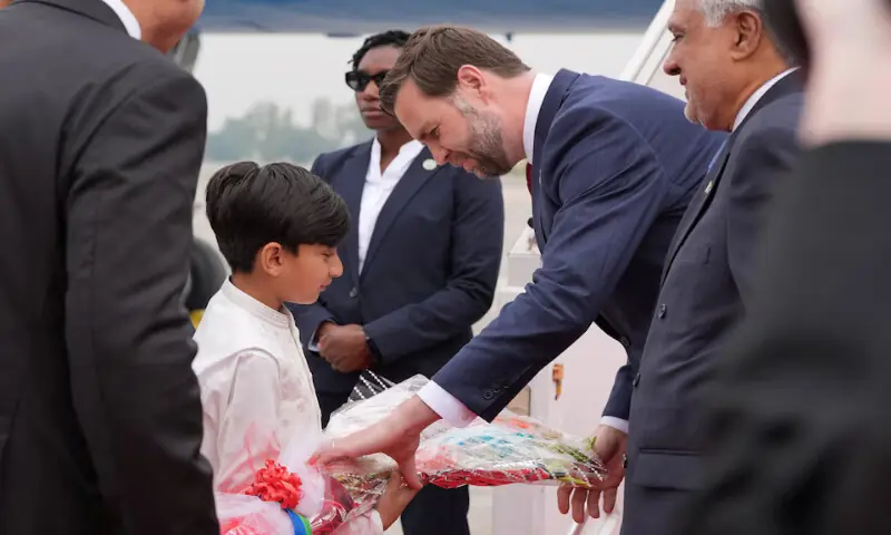 US Vice President JD Vance receives a bouquet of flowers after arriving for talks with Iranian officials in Islamabad on Saturday. &ndash; Reuters