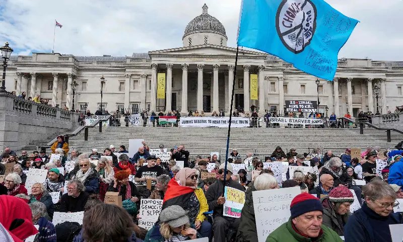 Protesters gather to call for the lifting of the ban on the Palestine Action group during a demonstration in Trafalgar Square in central London on April 11, 2026. AFP Protesters gather to call for the lifting of the ban on the Palestine Action group during a demonstration in Trafalgar Square in central London on April 11, 2026. AFP