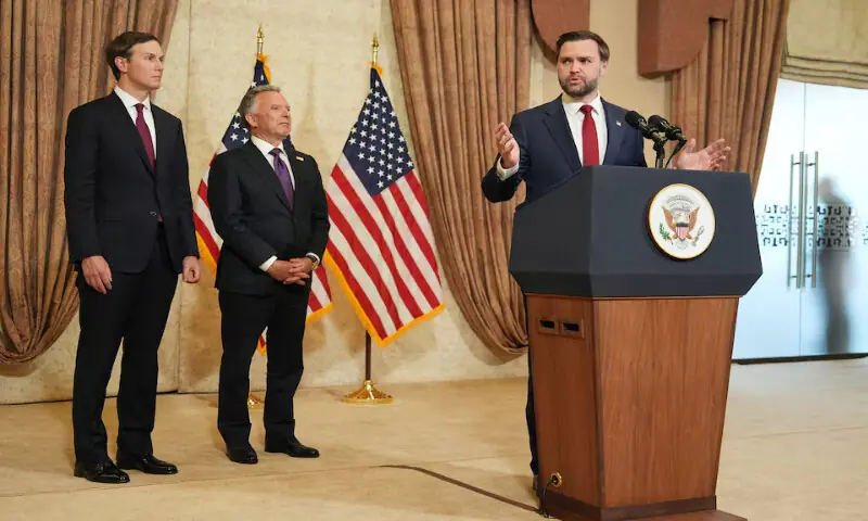 US Vice President JD Vance speaks during a news conference after meeting with representatives from Pakistan and Iran as Jared Kushner and Steve Witkoff listen on Sunday in Islamabad. &ndash; Reuters