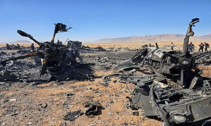 An image obtained from social media appears to show wreckage of an American aircraft and helicopter rotor in Isfahan, Iran. &ndash; Reuters