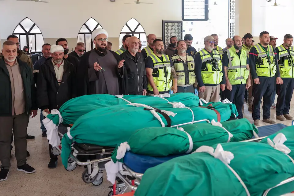 Mourners attend the funeral service of four members of the Saeed family, Taleen (1.5 years old), Qassem (26), Khalil (60) and Fatima (39), killed in an Israeli strike in the village of Srifa, at the Al Kharab mosque in Tyre, Lebanon. &ndash; Reuters