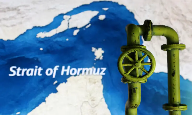 A map showing the Strait of Hormuz and a 3D printed oil pipeline are seen in this illustration. &ndash; Reuters file
